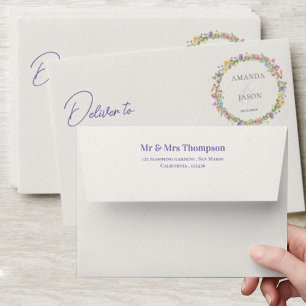 Pretty Monogram Purple Blue Wildflowers Wedding Envelope