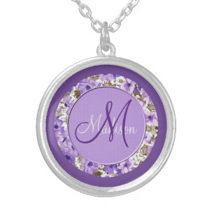 Pretty Monogram Purple & White Floral Necklace 2