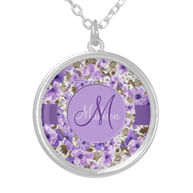 Pretty Monogram Purple & White Floral Necklace 3 (Front)