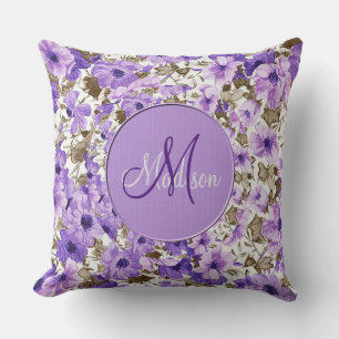Pretty Monogram Purple & White Floral Throw Pillow
