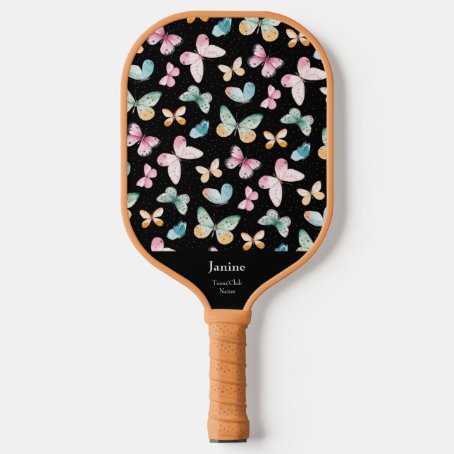 Pretty Monogram Team/Club Name Colorful Butterfly Pickleball Paddle (Front)