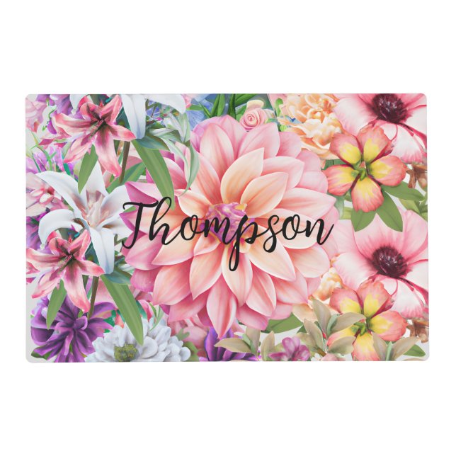 Pretty monogram tropical garden mixed flowers  placemat (Front)
