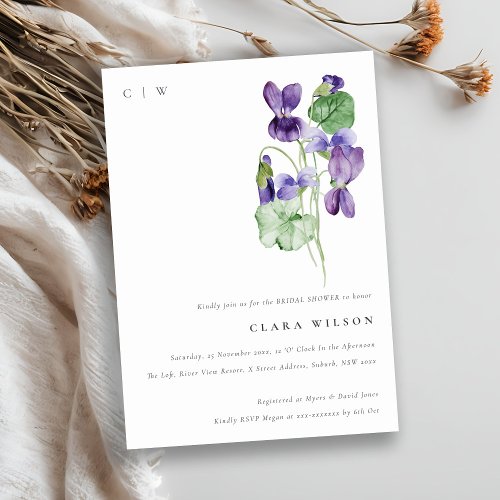 Pretty Monogram Violet Floral Bunch Bridal Shower Invitation