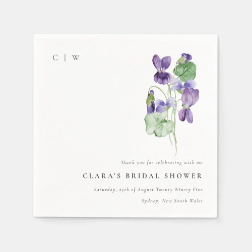 Pretty Monogram Violet Floral Bunch Bridal Shower Napkins