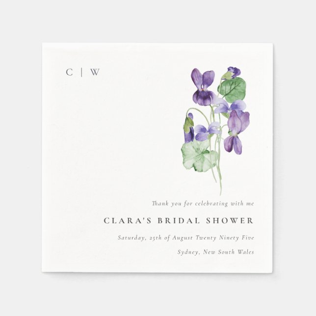 Pretty Monogram Violet Floral Bunch Bridal Shower Napkins (Front)