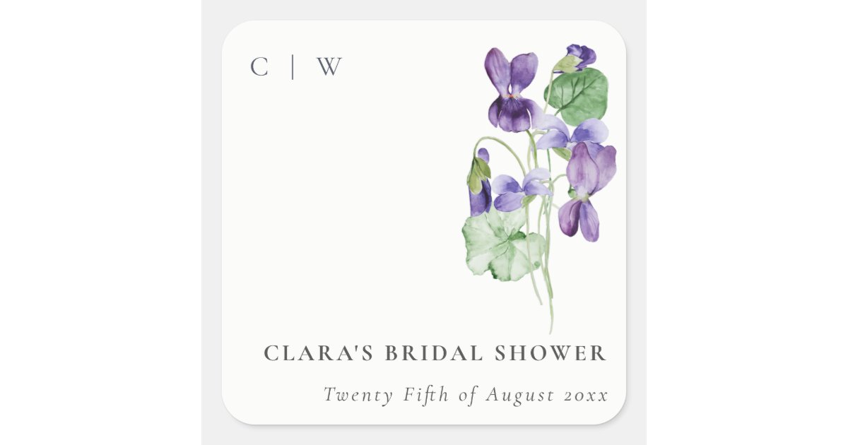 Pretty Monogram Violet Floral Bunch Bridal Shower Square Sticker | Zazzle