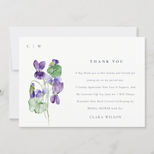 Pretty Monogram Violet Floral Bunch Bridal Shower Thank You Card