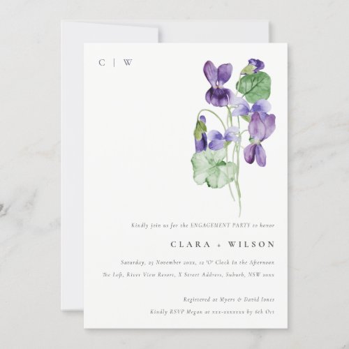 Pretty Monogram Violet Floral Bunch Engagement Invitation