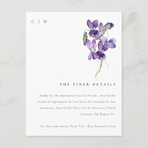 Pretty Monogram Violet Floral Bunch Wedding Detail Enclosure Card