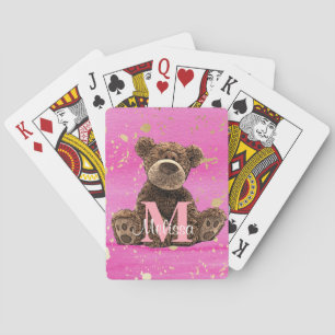 Pretty Monogram Watercolor Kid's Pink Teddy Bear Poker Cards
