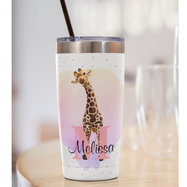 Pretty Monogram Watercolor Name Giraffe Jungle Insulated Tumbler (Cute giraffe travel mug for work, on the beach, every day use.)