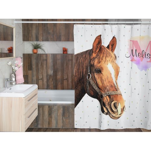 Pretty Monogram Watercolor Name Horse Equestrian Shower Curtain