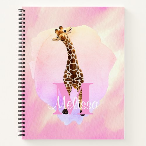 Pretty Monogram Watercolor Name Kids Giraffe  Notebook