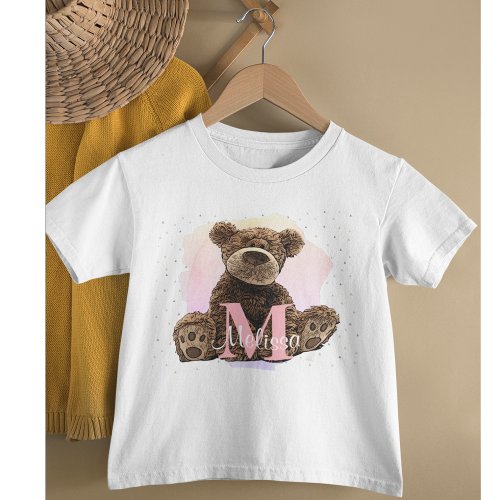 Pretty Monogram Watercolor Name Kids Teddy Bear Baby T_Shirt