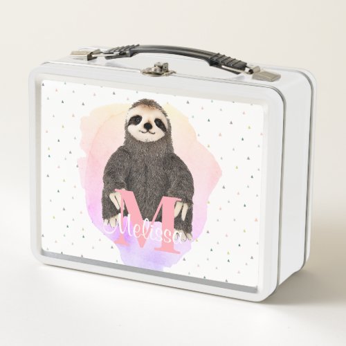 Pretty Monogram Watercolor Name Pink Sloth Animal Metal Lunch Box
