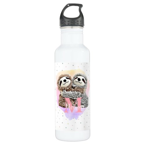 Pretty Monogram Watercolor Name Pink Sloth Hugs  M Stainless Steel Water Bottle