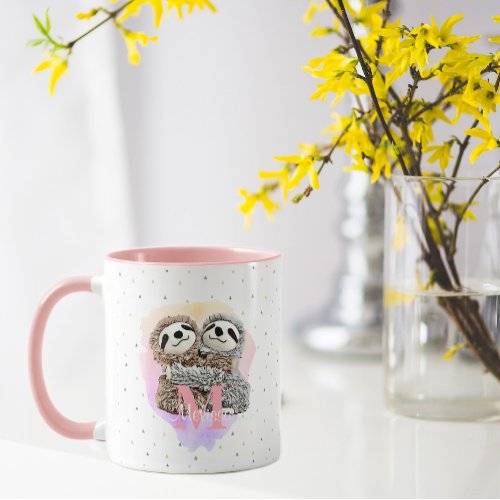 Pretty Monogram Watercolor Name Pink Sloth Hugs  Mug