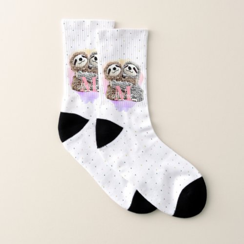 Pretty Monogram Watercolor Name Pink Sloth Hugs Socks