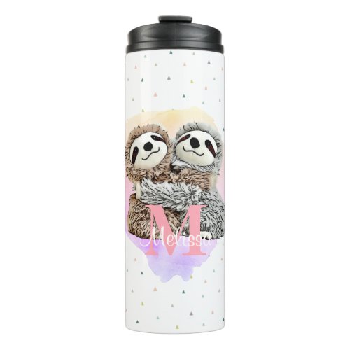 Pretty Monogram Watercolor Name Pink Sloth Hugs  Thermal Tumbler