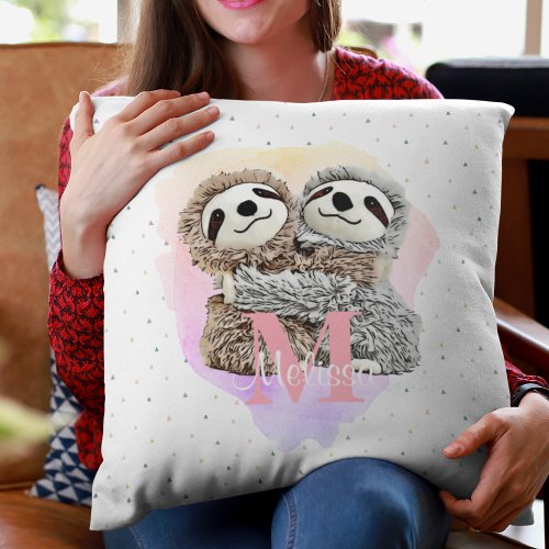 Pretty Monogram Watercolor Name Pink Sloth Hugs Throw Pillow