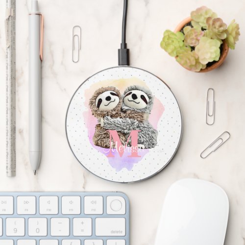 Pretty Monogram Watercolor Name Pink Sloth Hugs Wireless Charger