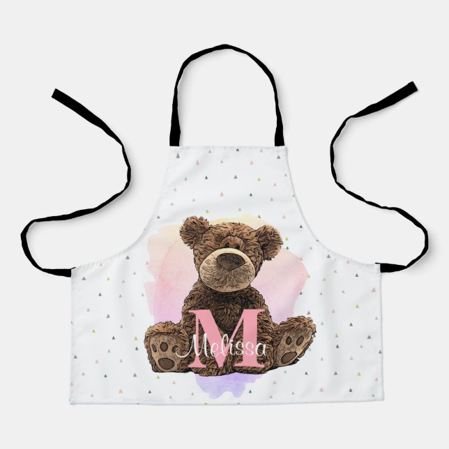 Pretty Monogram Watercolor Name Pink Teddy Bear Apron (Front)