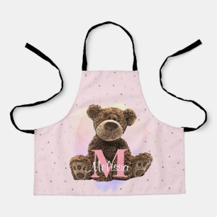 Pretty Monogram Watercolor Name Pink Teddy Bear Apron