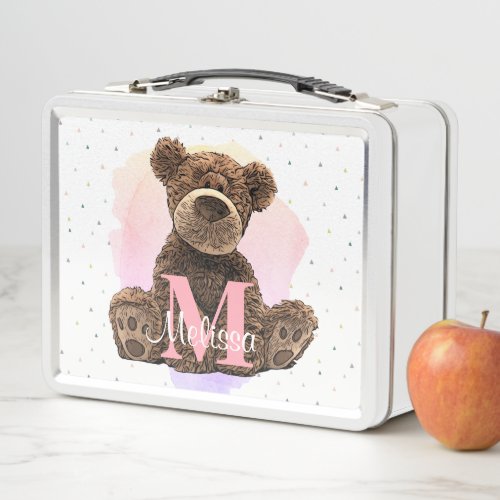 Pretty Monogram Watercolor Name Pink Teddy Bear  Metal Lunch Box