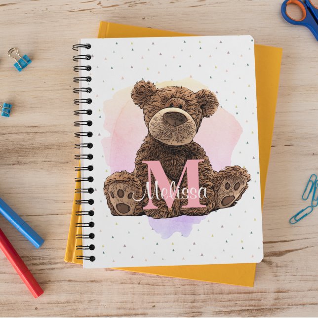Pretty Monogram Watercolor Name Pink Teddy Bear Notebook (Creator Uploaded)