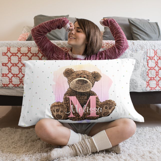 Pretty Monogram Watercolor Name Pink Teddy Bear Pillow Case (Creator Uploaded)