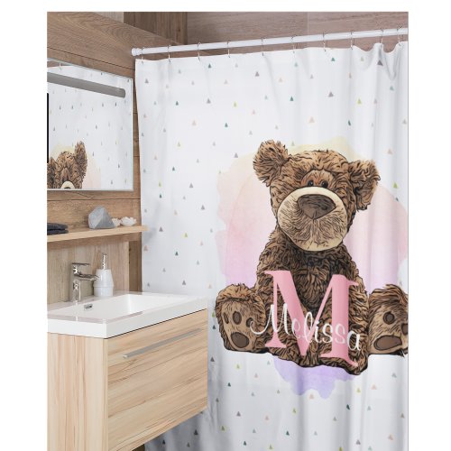 Pretty Monogram Watercolor Name Pink Teddy Bear Shower Curtain
