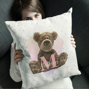 Pretty Monogram Watercolor Name Pink Teddy Bear Throw Pillow