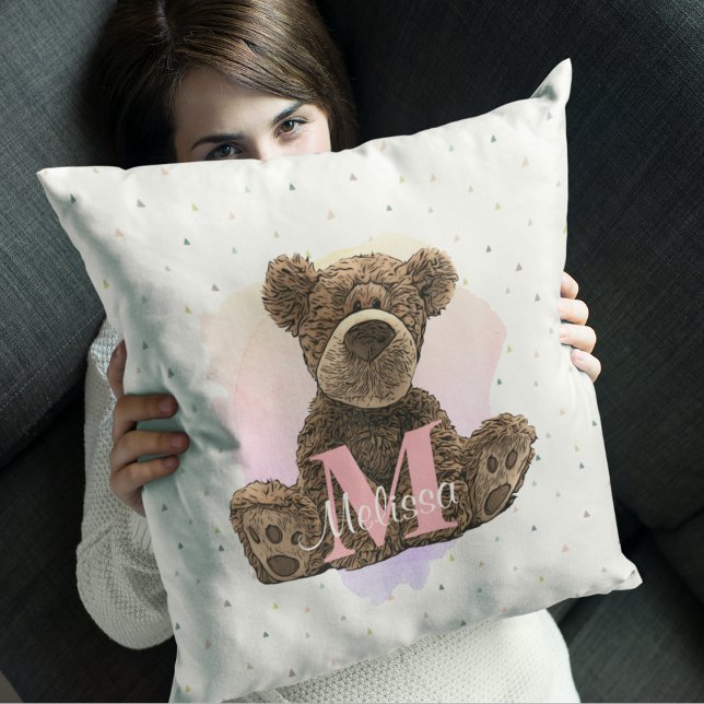 Pretty Monogram Watercolor Name Pink Teddy Bear Throw Pillow (Creator Uploaded)