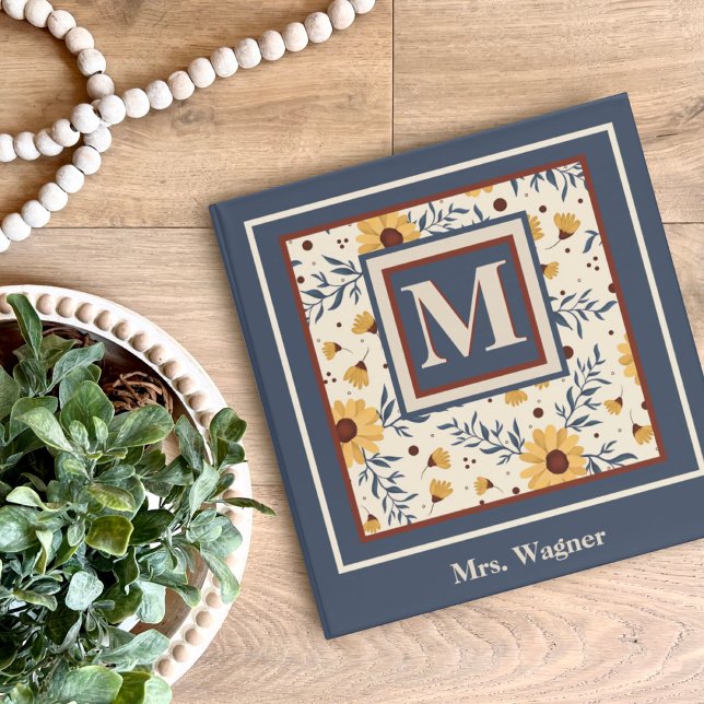 Pretty Monogram Yellow Daisy Floral Teacher  3 Ring Binder (Creator Uploaded)