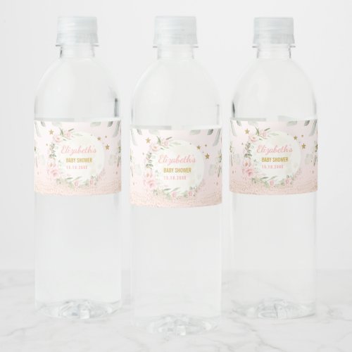 Pretty Moon Pink Gold Twinkle Star Baby Girl Favor Water Bottle Label
