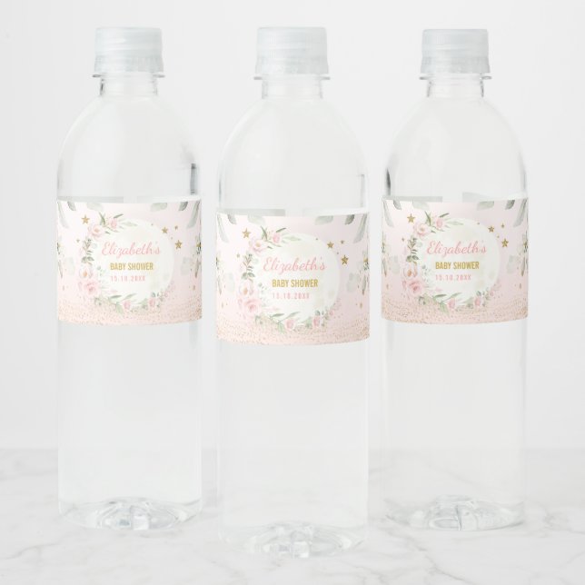 Pretty Moon Pink Gold Twinkle Star Baby Girl Favor Water Bottle Label (Bottles)