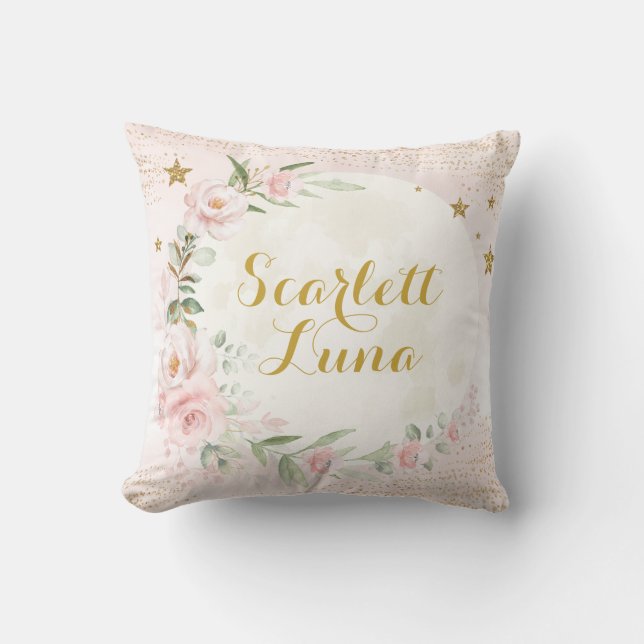 Pretty Moon & Stars Pink Blush Gold Floral Nursery Throw Pillow (Front)