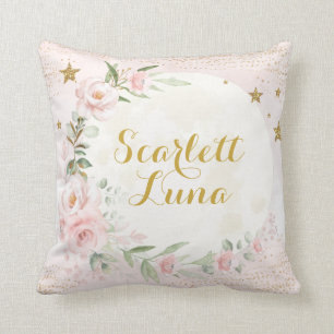 Pretty Moon & Stars Pink Blush Gold Floral Nursery Throw Pillow