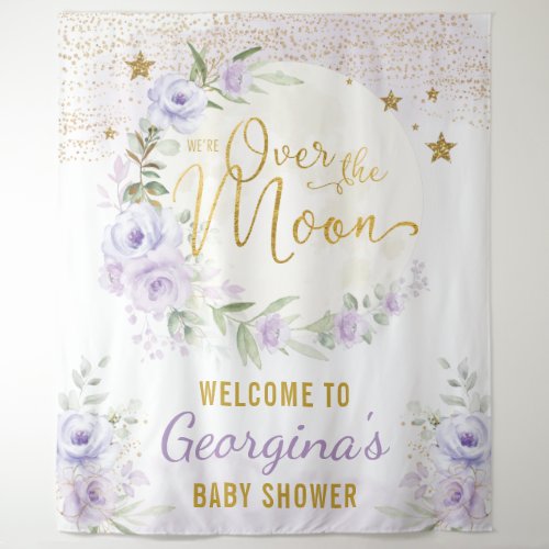 Pretty Moon Stars Purple Floral Baby Girl Welcome Tapestry