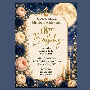Pretty Moonlit Water Peony 18th Birthday Party Invitation