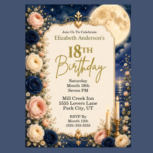 Pretty Moonlit Water Peony 18th Birthday Party Invitation