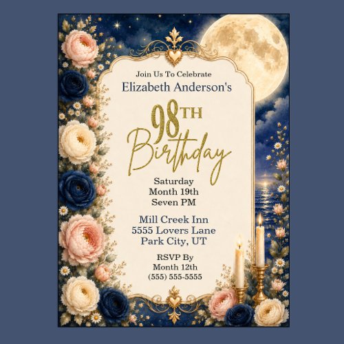 Pretty Moonlit Water Peony 98th Birthday Party Invitation