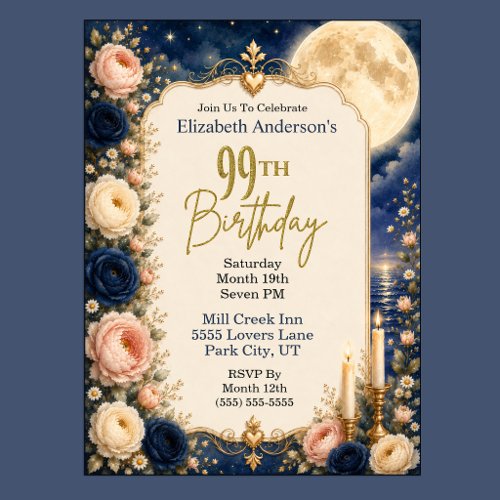 Pretty Moonlit Water Peony 99th Birthday Party Invitation