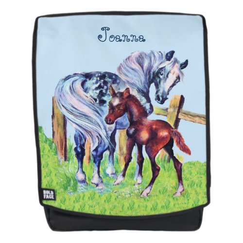 Pretty Mother Baby Horses by Fence in Grass Field Backpack