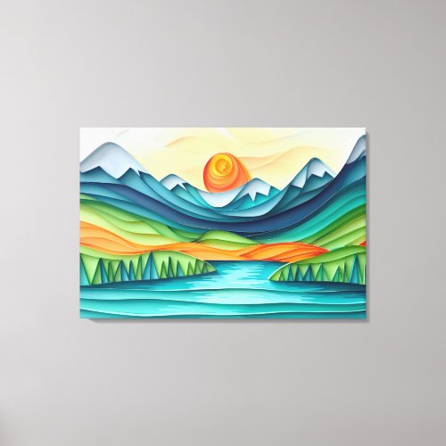 Pretty Mountain Sunset Lake Landscape Abstract Canvas Print