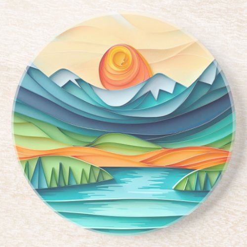 Pretty Mountain Sunset Lake Landscape Abstract Coaster