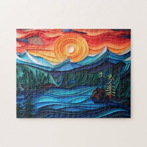 Pretty Mountain Sunset Lake Landscape Abstract Jigsaw Puzzle