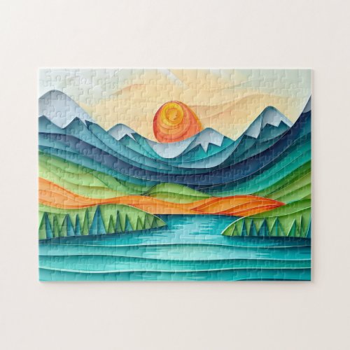 Pretty Mountain Sunset Lake Landscape Abstract Jigsaw Puzzle