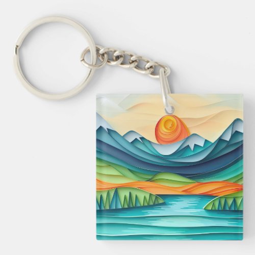 Pretty Mountain Sunset Lake Landscape Abstract Keychain