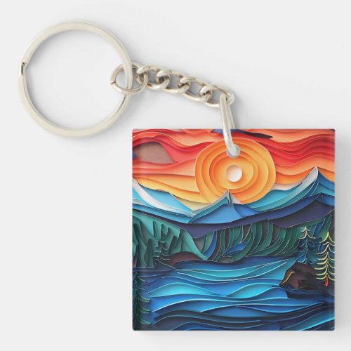 Pretty Mountain Sunset Lake Landscape Abstract Keychain